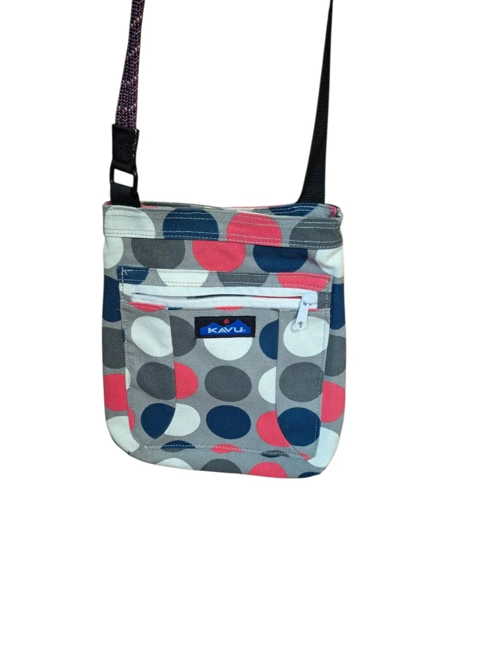 KAVU Keepalong Canvas Sling Bag Crossbody Rope Shoulder Bag Gray Polka Dots
